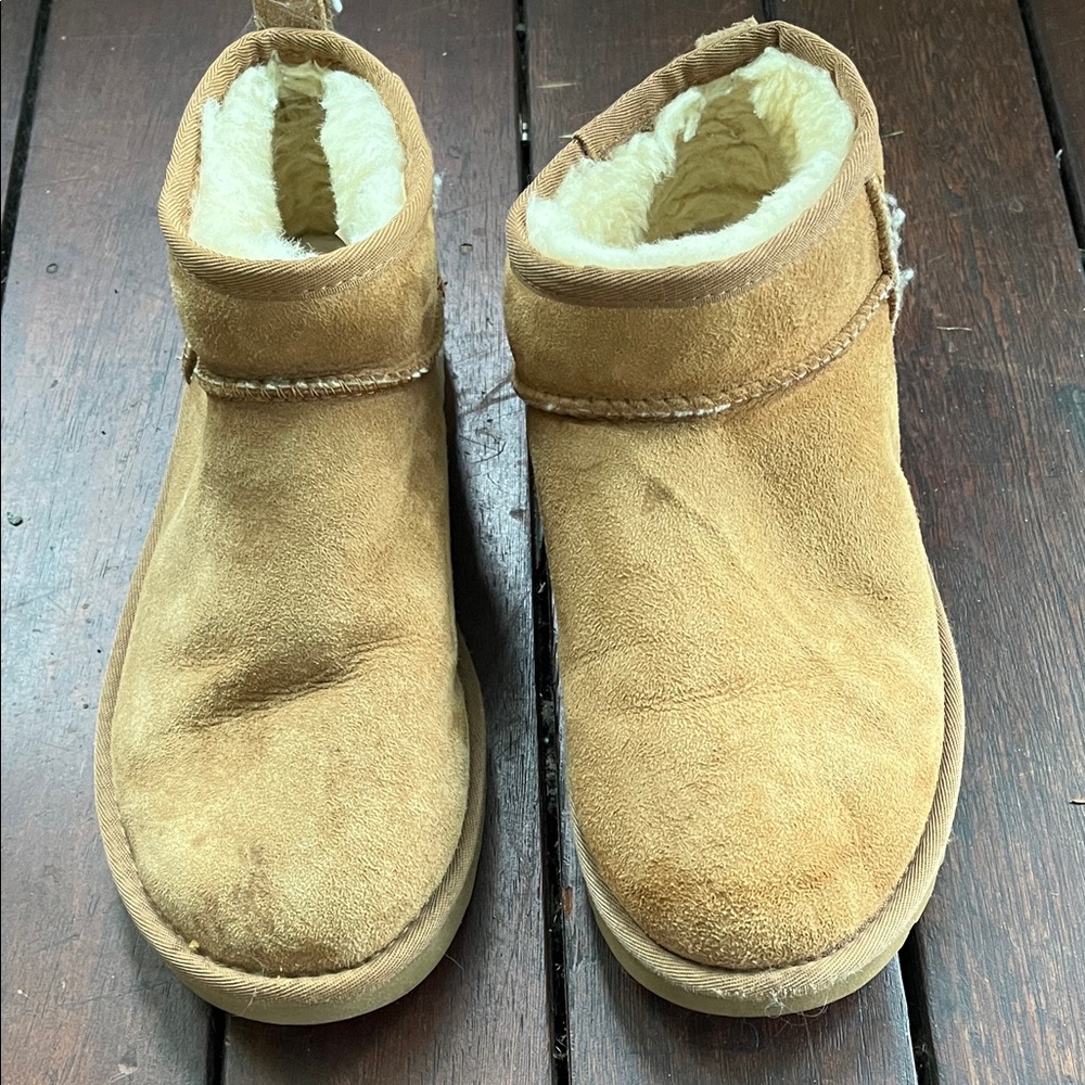 UGG Chestnut Suede Ankle Booties with Cream Shearling Lining
